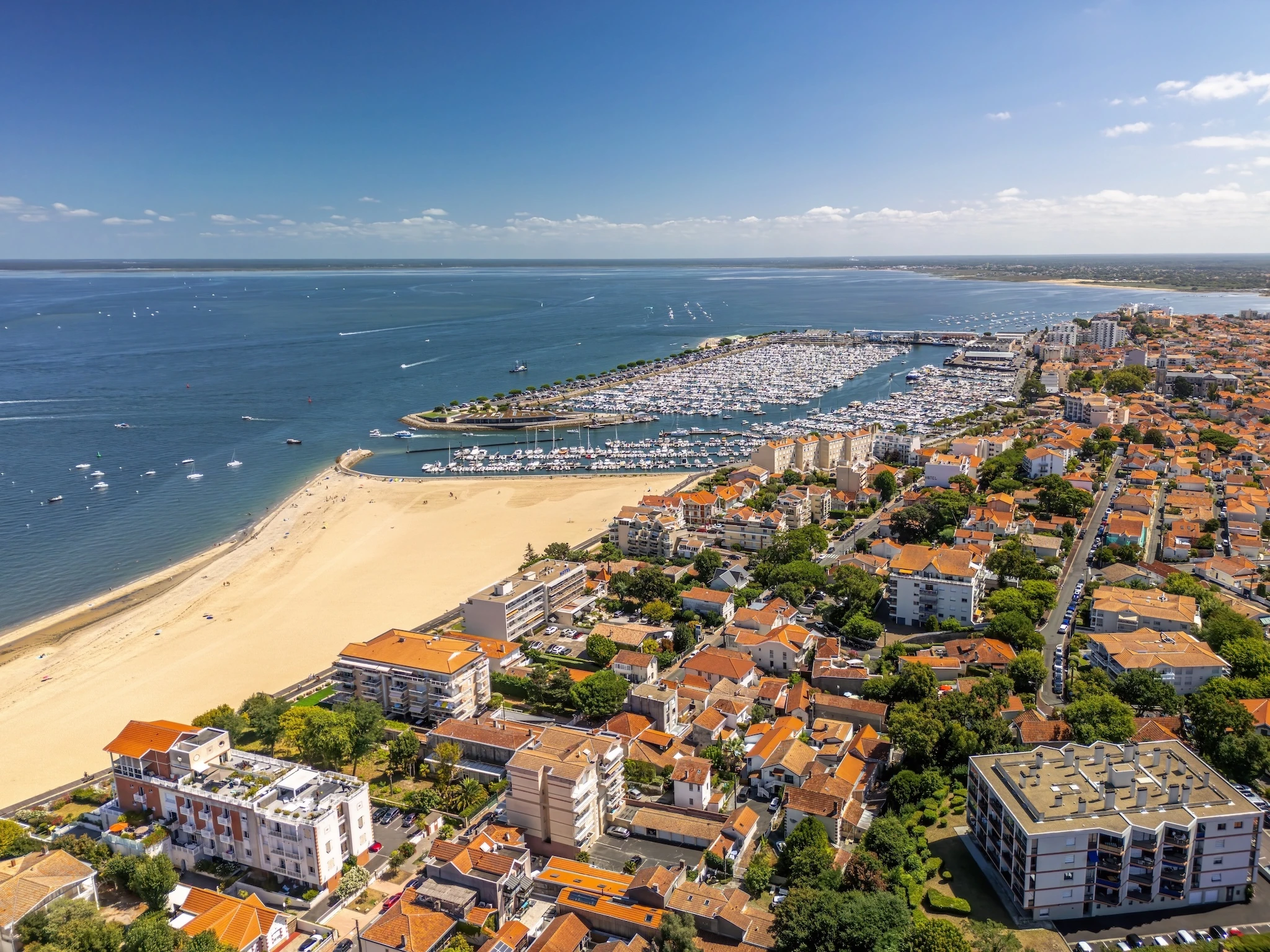 Aeerial view of yacht marina ad the beach of Arcachon, France