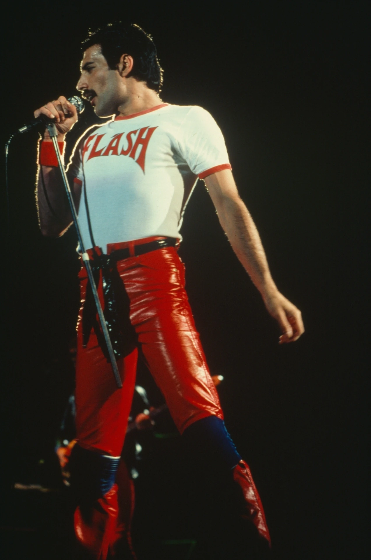 Freddie Mercury performs wearing &lsquo;Flash&rsquo; t-shirt at Sports Arena, San Diego, July 1980