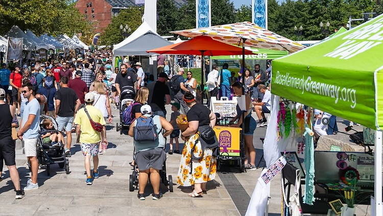 A wide shot of people browsing vendor booths at an outdoor community festival