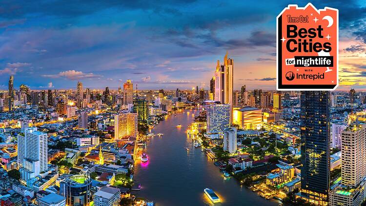Bangkok cityscape at night with Time Out logo in corner Bangkok cityscape at night with Time Out logo in corner