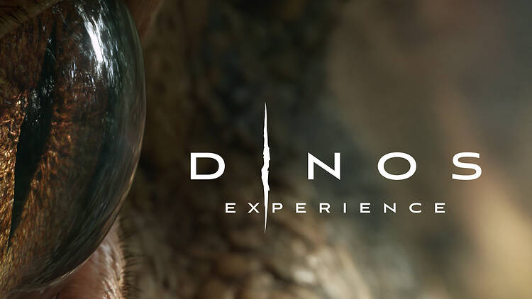 Stockholm’s new dinosaur experience Close-up of a reptile eye with textured skin alongside the white text logo "DINOS EXPERIENCE".
