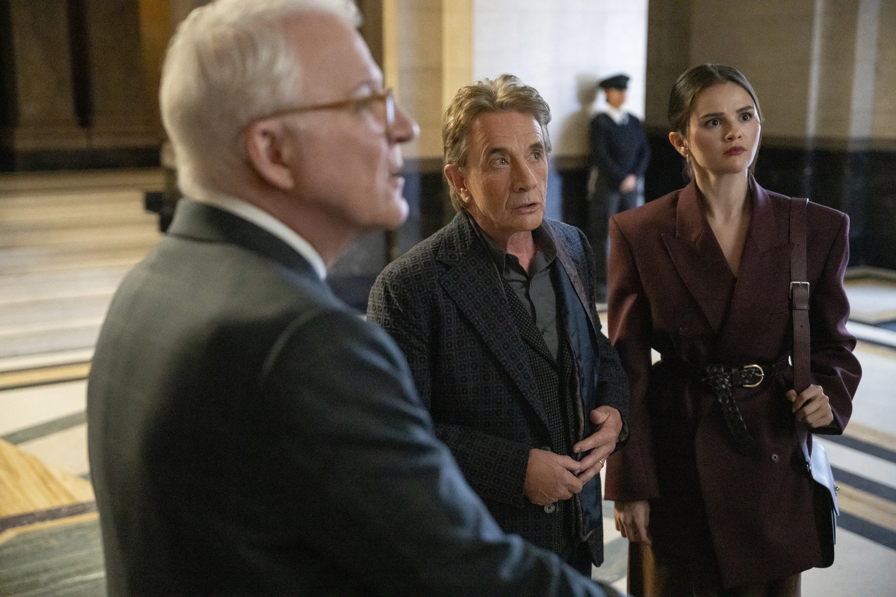 Charles (Martin), Oliver (Short) and Mabel (Gomez) in London in season 6 of Only Murders in the Building