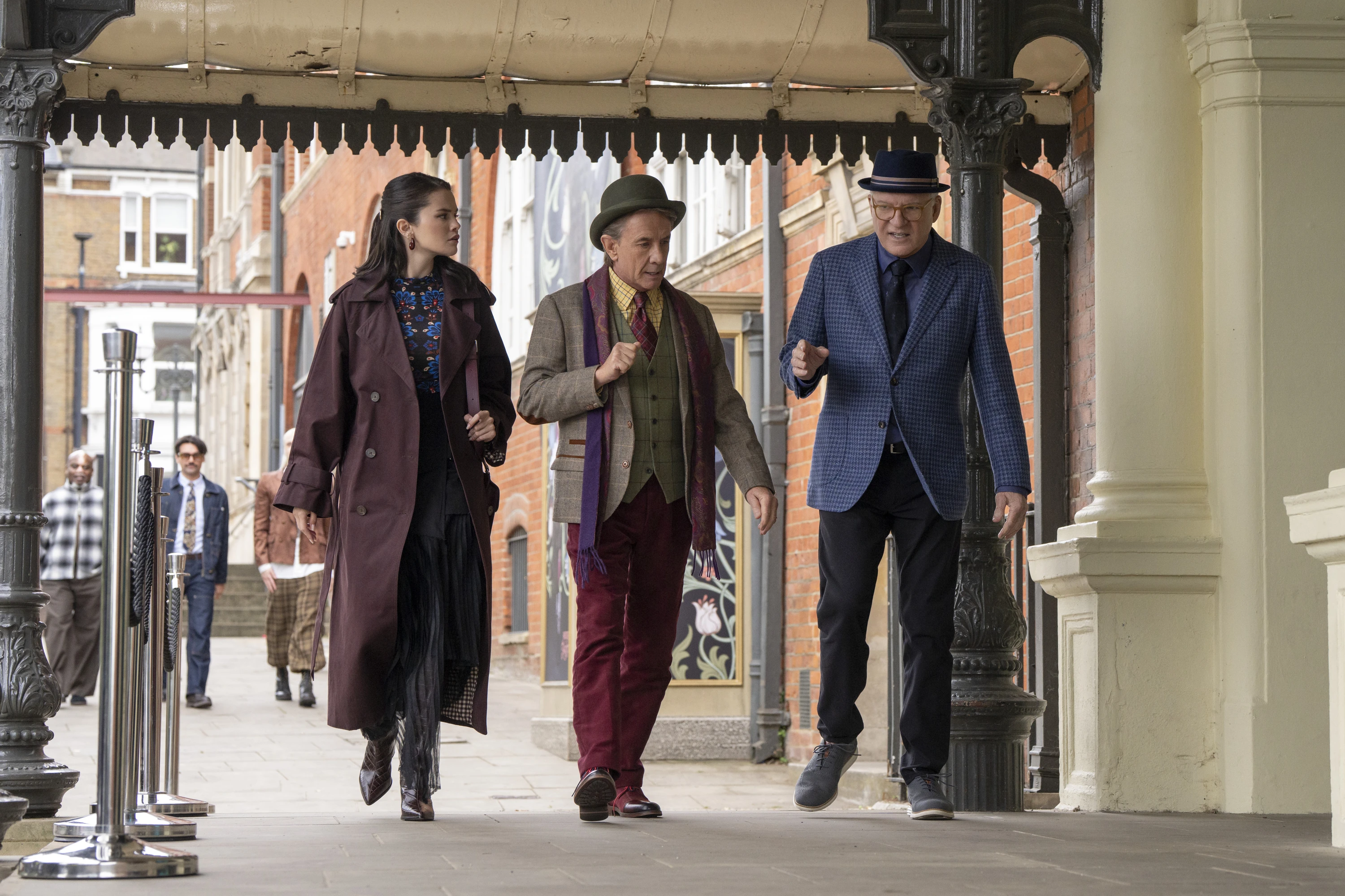 Mabel (Gomez), Oliver (Short) and Charles (Martin) in London in season 6 of Only Murders in the Building