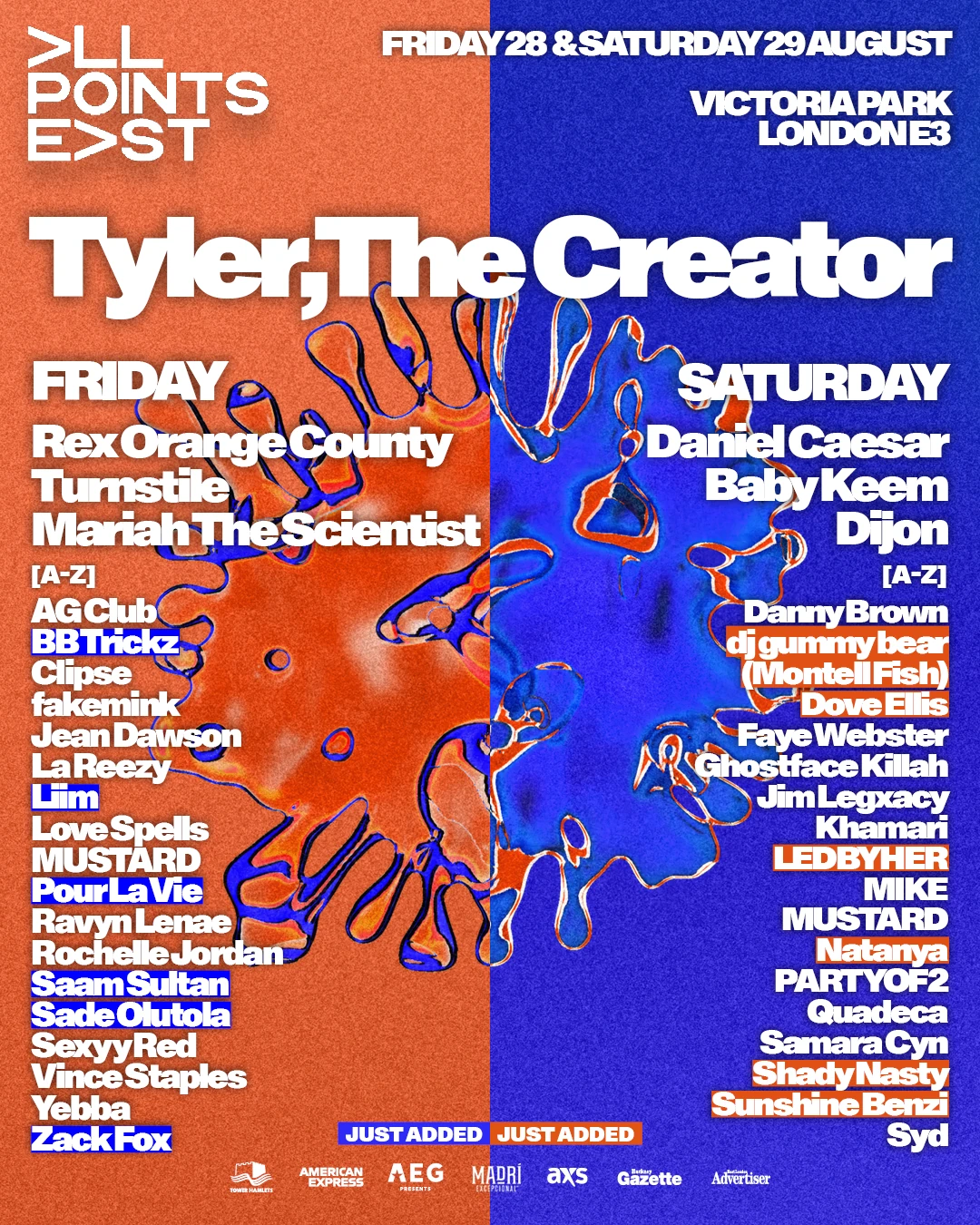 Lineup poster for Tyler, the Creator at All Points East 2026
