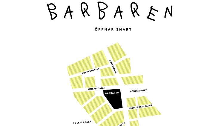 Barbaren new Bar in Karskronaplan in M;almö, news story sweden Minimalistic map graphic announcing the upcoming opening of the bar "Barbaren" near Nobeltorget and Folkets Park in Malmö.