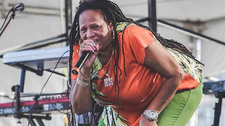 A close-up of a musician singing into a microphone on an outdoor stage.