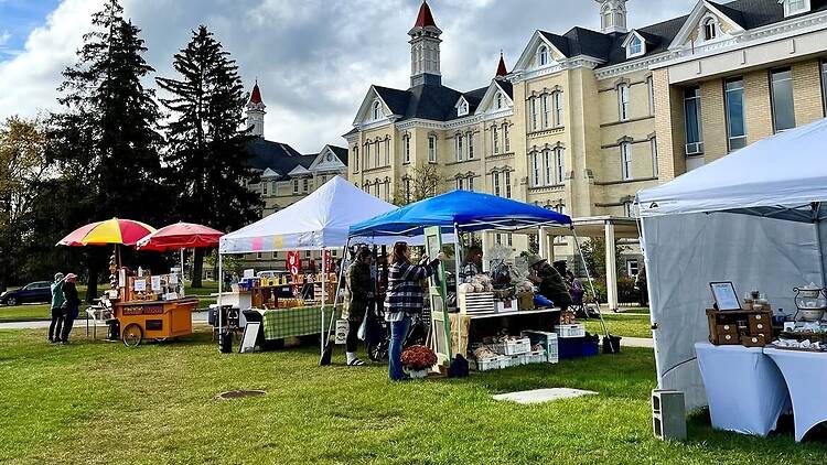 A wide shot of vendors selling food and goods at an outdoor market in front of a historic building.