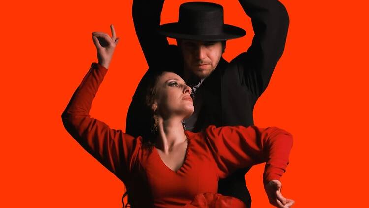 Close-up of two dancers posing in a flamenco stance against a red backdrop