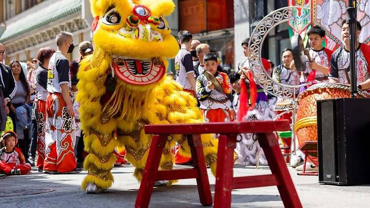 A wide shot of a lion dance performance on a city street with musicians and spectators. A wide shot of a lion dance performance on a city street with musicians and spectators.