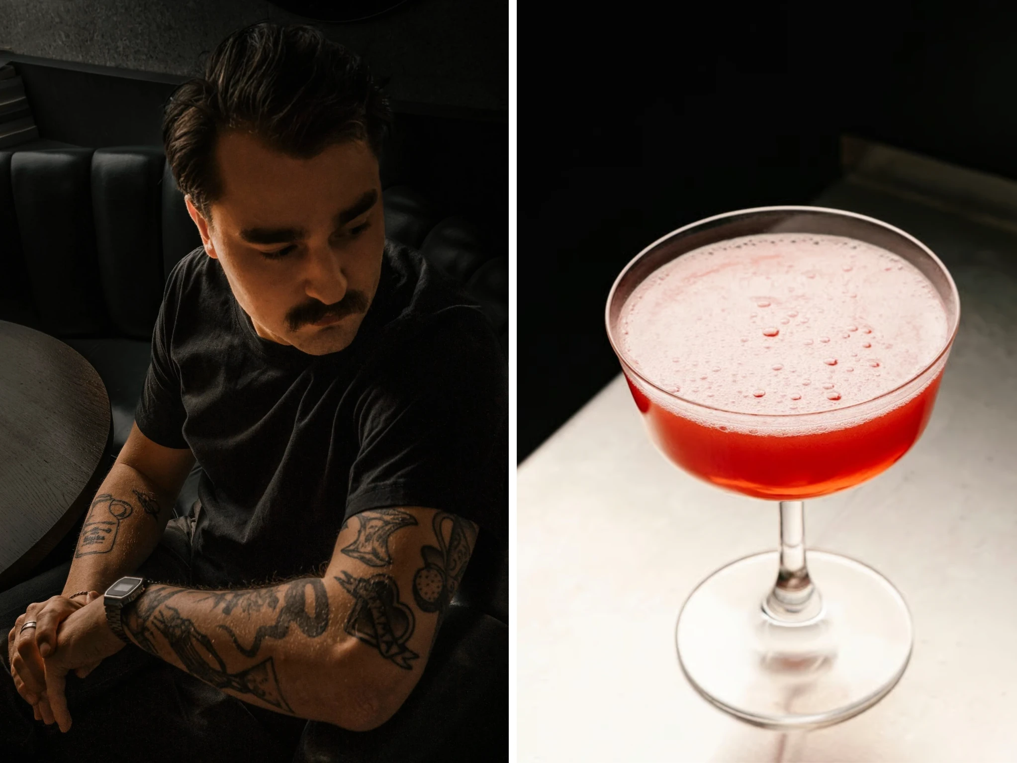 Two images from Bar Kabinett. On the left, bartender Oscar Jonsson Buhre sits in a dark booth in a black T-shirt, arms tattooed, looking down. On the right, a red cocktail with a foam top served in a coupe glass on a pale surface.