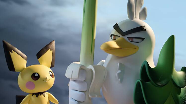 A snapshot of Pokémon Tales: The Misadventures of Sirfetch’d & Pichu teaser trailer shows the two characters together