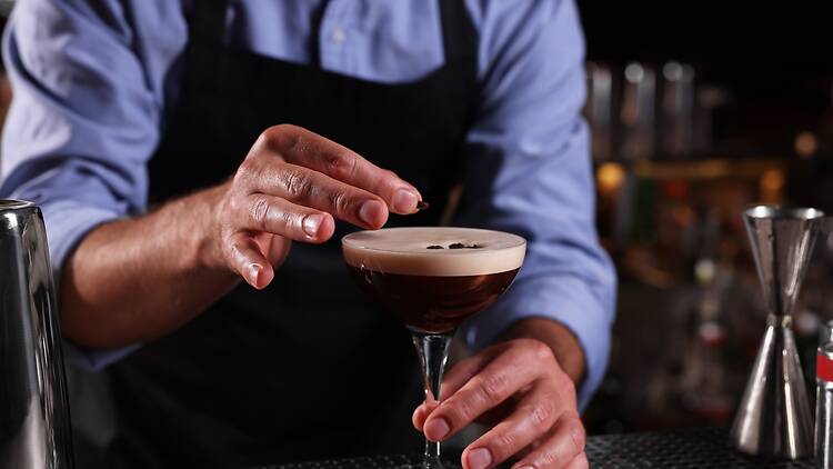 You can get free espresso martinis by showing a Broadway ticket at this Theater District spot