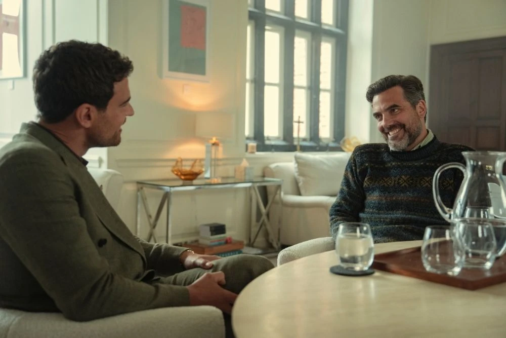 Theo James and Daniel Igs at Swakeleys House in a still from The Gentlemen season 2. 