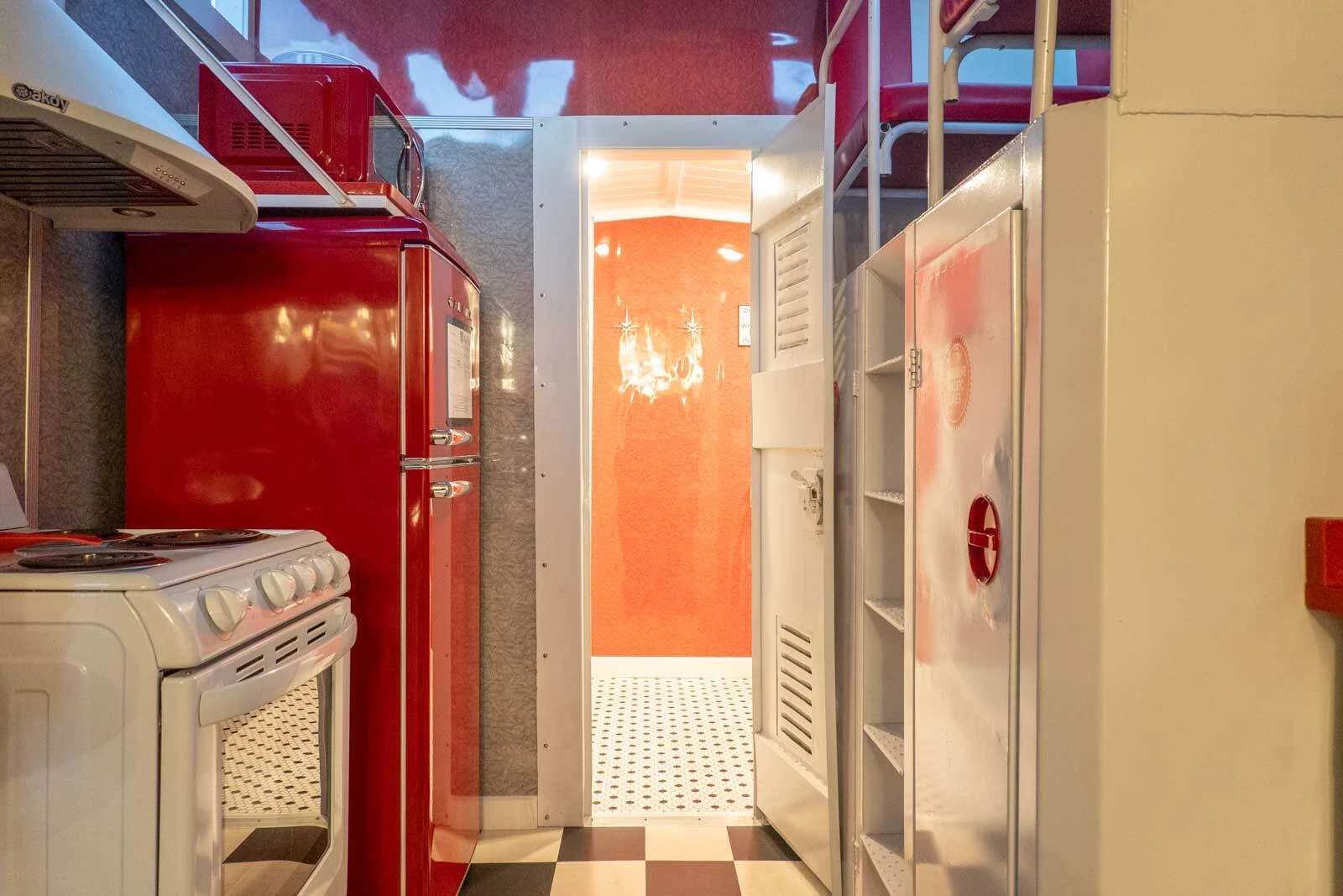 The kitchen/bathroom inside the caboose, Buffalo-Creek Vacations