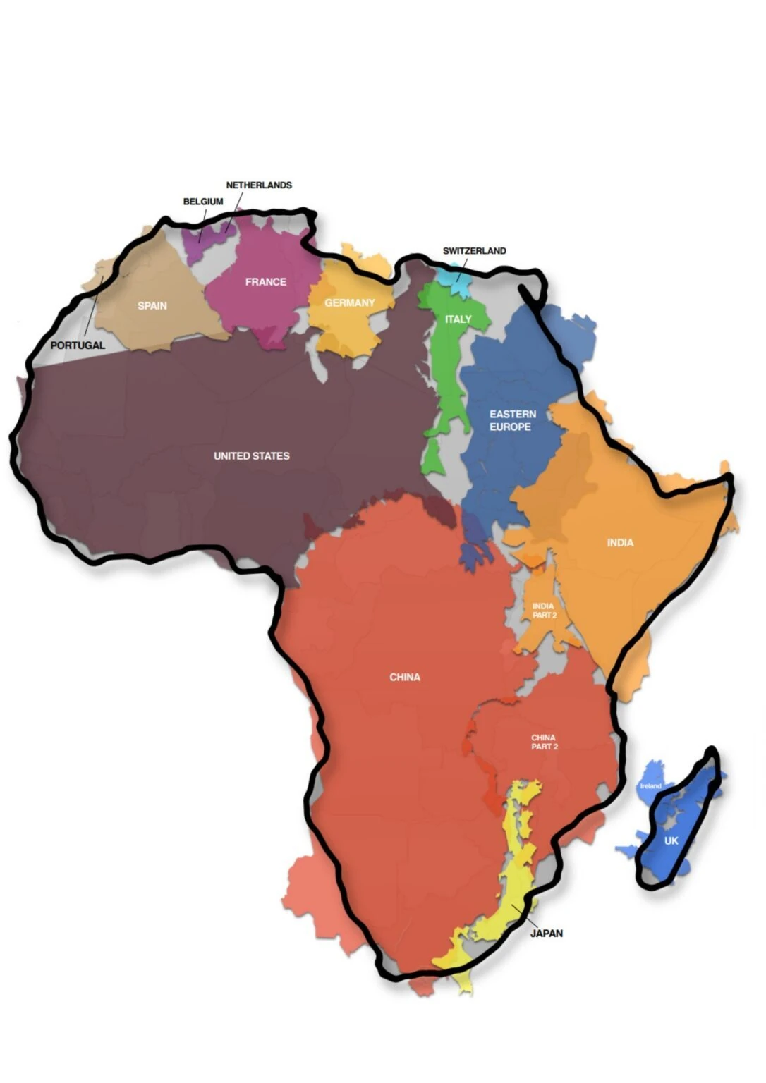 Correct the Map shows how several countries could fit into Africa, with space to spare. 