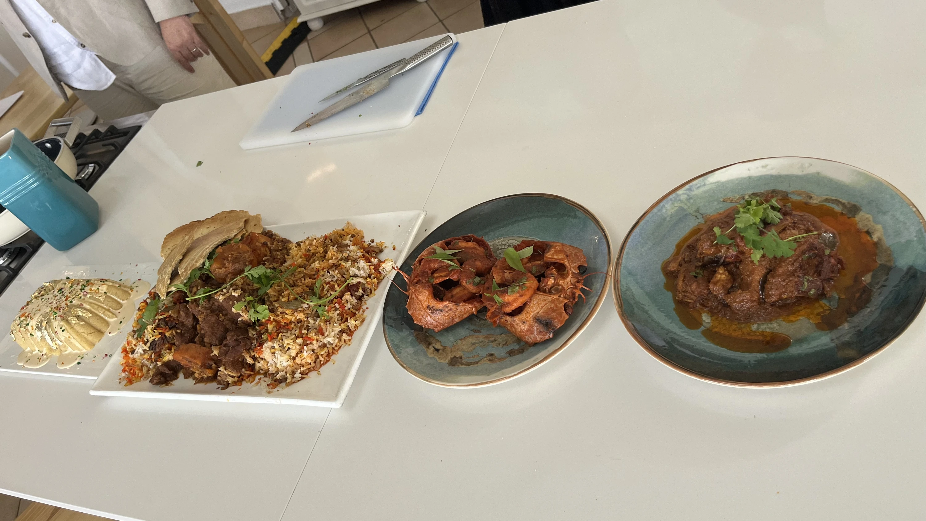 The finished spread: Royal Parda Lamb Biryani, prawns and curry ready for their close-up.