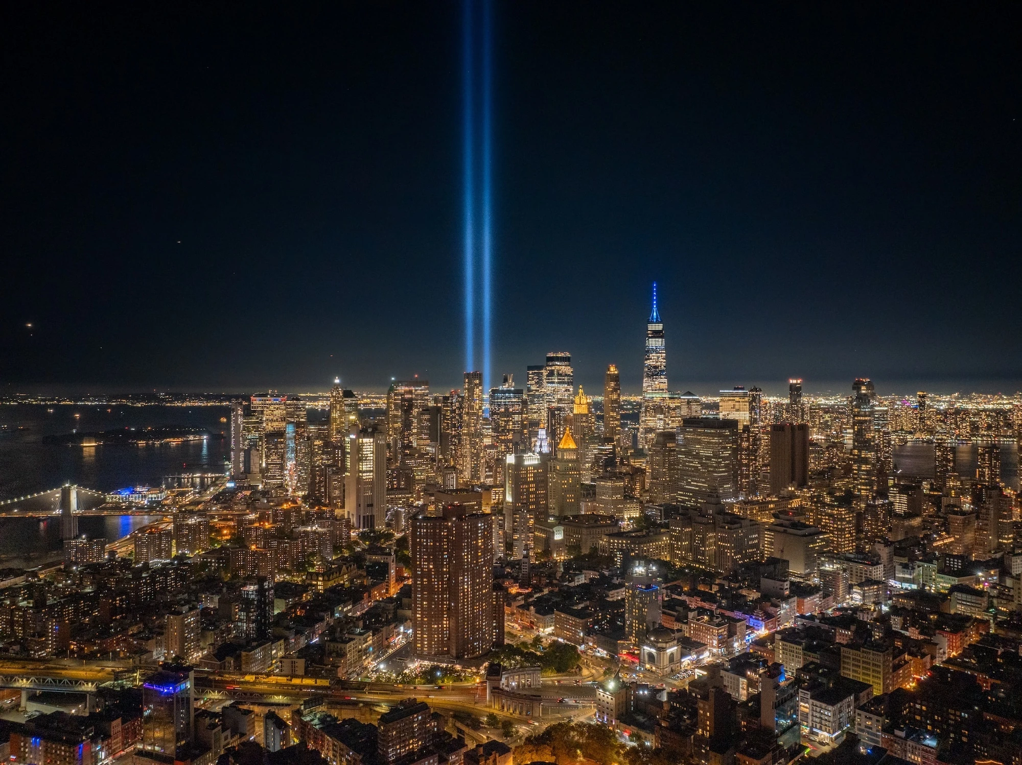 Aerial view of Tribute in Light in NYC