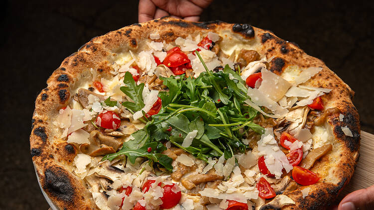 A mushroom pizza.