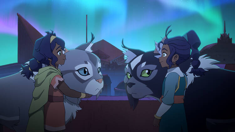Avatar: Seven Havens (L-R): Saheli Khan as Pavi, Dee Bradley Baker as Geet/Ruhi, and Aishwarya "Aishu" Devan as Nisha in Avatar: Seven Havens, episode 2, season 1