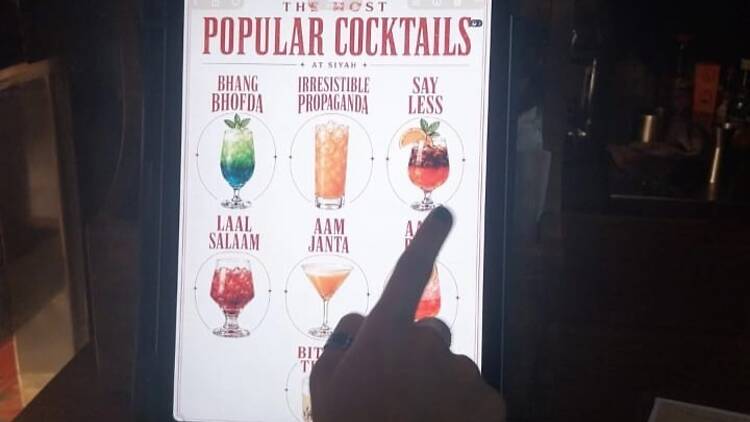 The cocktail menu at Siyah Arthouse, now closed in Delhi