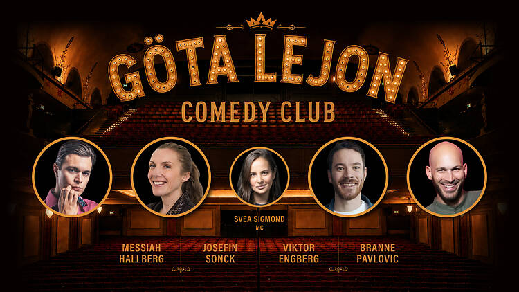 Stockholm, Göta Lejon Comedy Club Poster for Göta Lejon Comedy Club showing five comedians' portraits above the theatre's red auditorium seating.