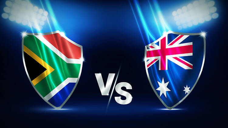 South Africa Vs Australia match fixture backdrop with flags and lights of stadium, sports background South Africa Vs Australia