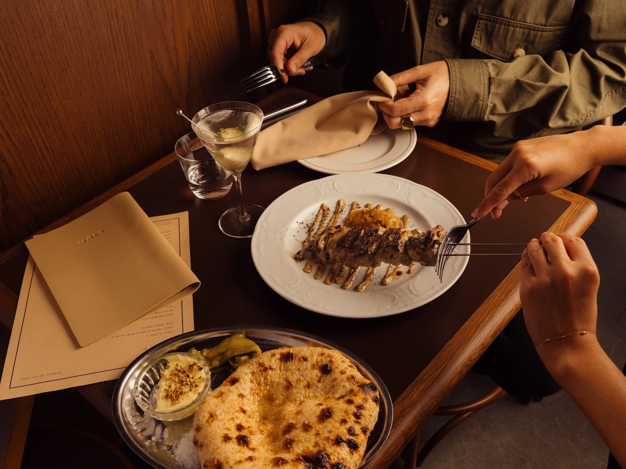 Brick-oven bread and chicken thigh skewer from Liba