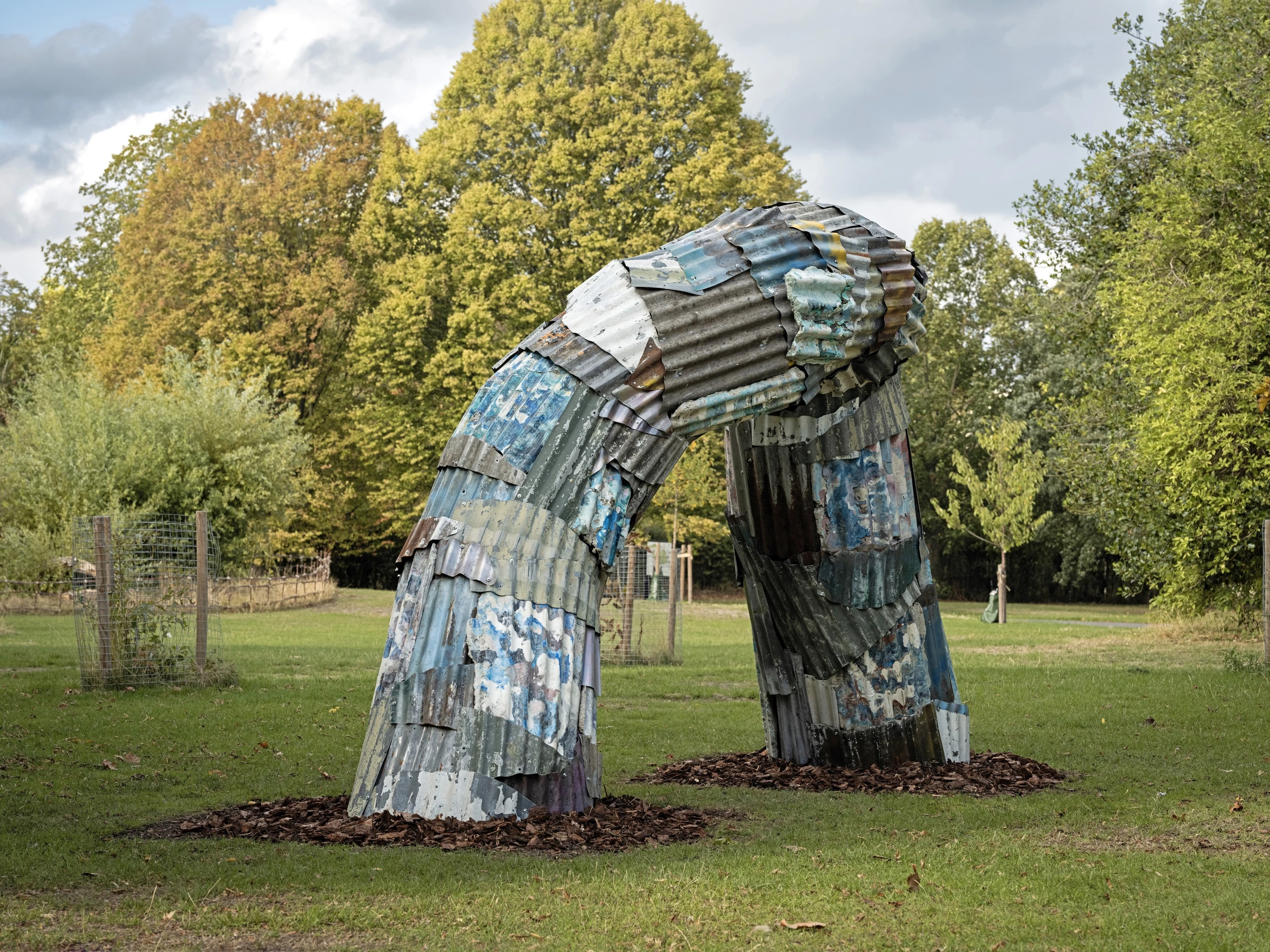 Wormlike sculpture made of discarded materials in Regent's Park