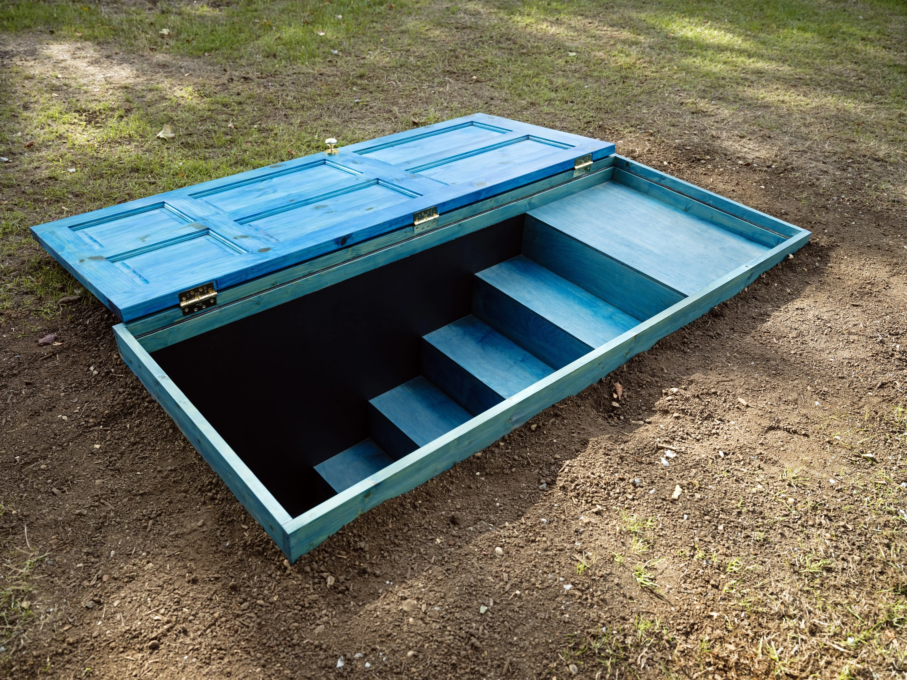 A blue door opening into the ground with steps leading below the earth