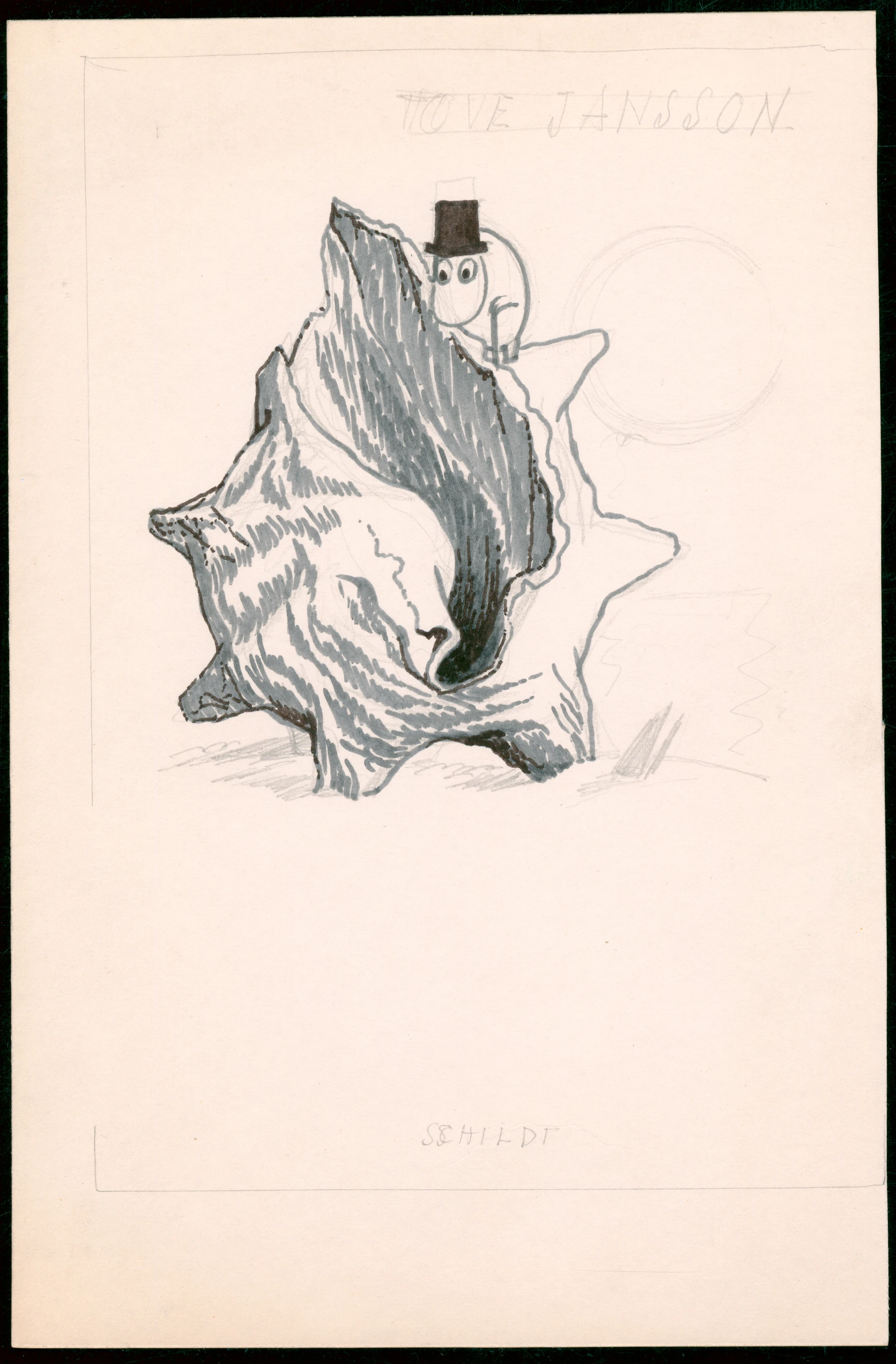 Sketch of a Moomin on a conch shell