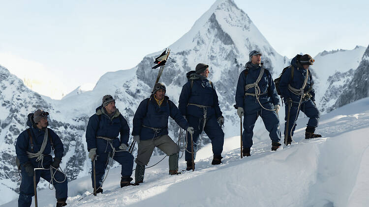 Tenzin Dalha, Willem Dafoe, Genden Phuntsok, Harry Greenwood, Tom Hiddleston and Pasang Arya Sherpa in "Tenzing," premiering in theaters October 9, 2026 and on Apple TV October 16, 2026.