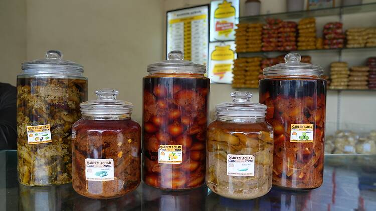 There are over 16 kinds of pickles at Qadeem Achar Ghar