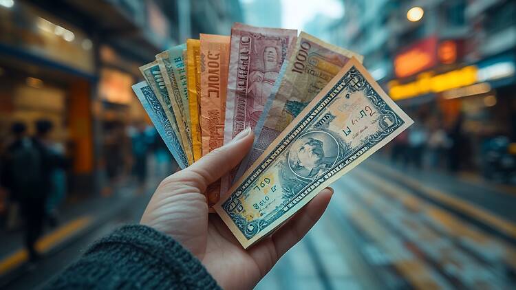 Hand holding various international currency bills Hand holding various international currency bills