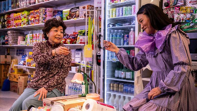 Michelle Lim Davidson as Hannah with her Umma performing during her stage production, 'Koreaboo'