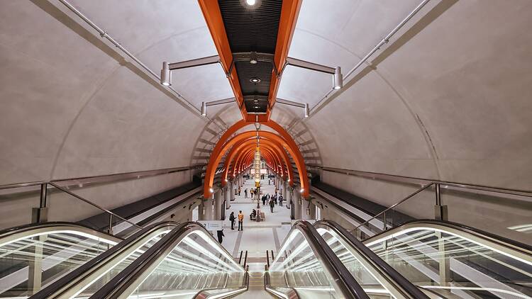 Newly opened Town Hall underground train station and escalators in Melbourne CBD, Victoria, Australia Newly opened Town Hall underground train station and escalators in Melbourne CBD, Victoria, Australia