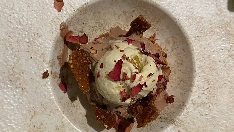 Velvet Nest, a chocolate mousse and sea salt nest with burnt butter ice cream and spun toffee