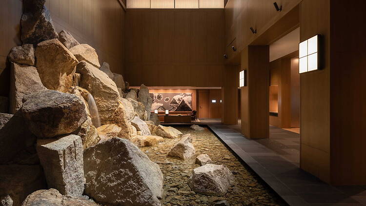 The indoor waterfall at Capella Kyoto
