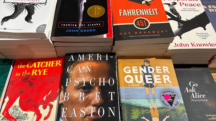 Display of banned books at a bookstore Display of banned books at a bookstore