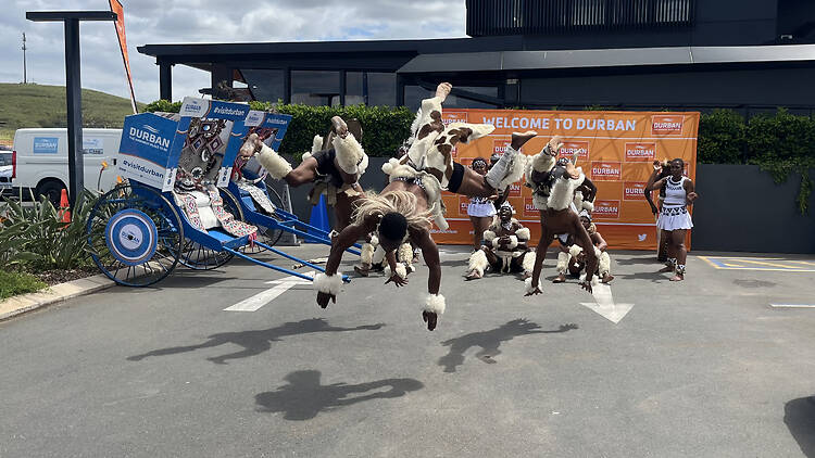 Traditional dancers take to the air during Durban Tourism’s summer season launch at Tyler’s in Umdloti. Traditional dancers take to the air during Durban Tourism’s summer season launch at Tyler’s in Umdloti.