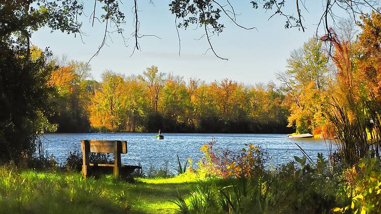 Bench overlooking the Seneca River in Liverpool, New York