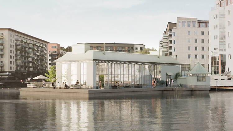 Stockholm, Liljeholmskajen, Marievik, Bad Rendering of the restored Liljeholmsbadet in Stockholm: a pale green floating bathhouse with tall glass windows, people relaxing on its wooden deck, with apartment buildings on the waterfront behind.