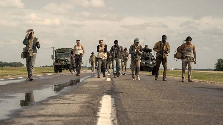 Charlie Plummer as Barkovitch, Garrett Wareing as Stebbins, Cooper Hoffman as Garraty, David Jonsson as McVries, Ben Wang as Olson, Tut Nyuot as Baker, and Joshua Odjick as Parker in The Long Walk. Photo Credit: Murray Close/Lionsgate Charlie Plummer as Barkovitch, Garrett Wareing as Stebbins, Cooper Hoffman as Garraty, David Jonsson as McVries, Ben Wang as Olson, Tut Nyuot as Baker, and Joshua Odjick as Parker in The Long Walk. Photo Credit: Murray Close/Lionsgate