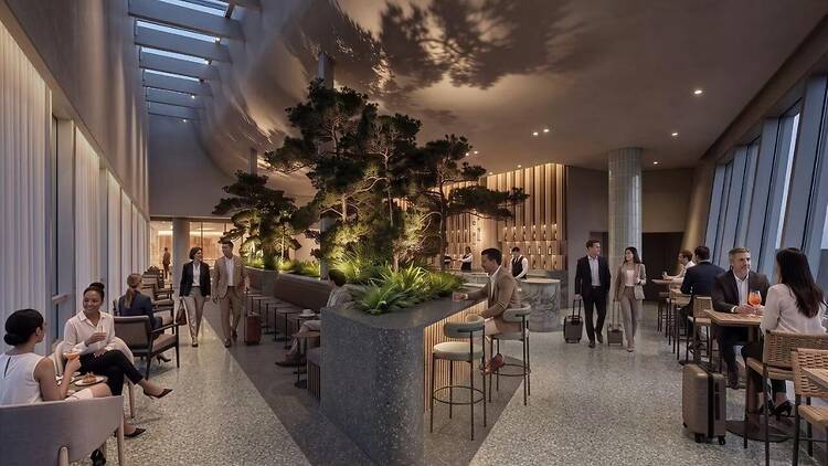 American Express plans to open a new Centurion Lounge at Newark Liberty International Airport. This rendering of the Terrace Bar features digitally-generated human figures.