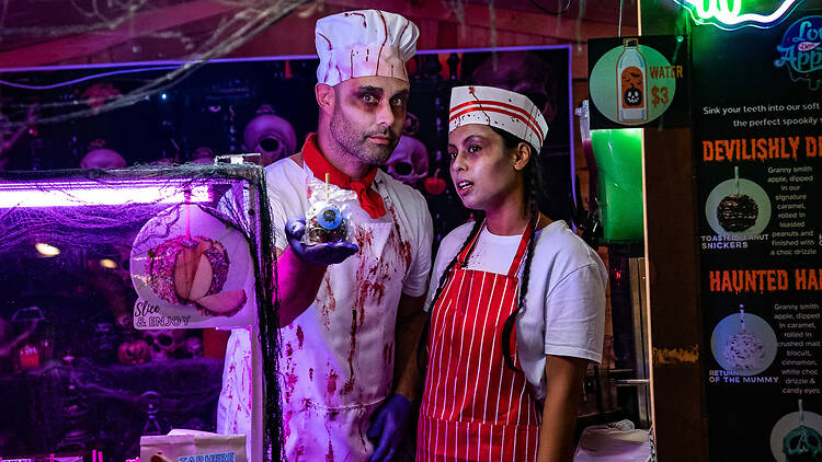 Market stalls at Ghost Festival Sydney Market stall staff in costume serving food at Ghost Festival Sydney