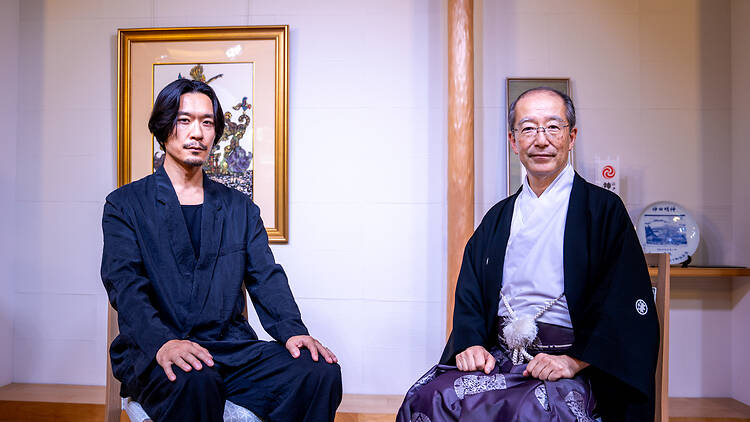 Meitei (left) with Yoshihiko Shimizu, chief priest of Kanda Shrine