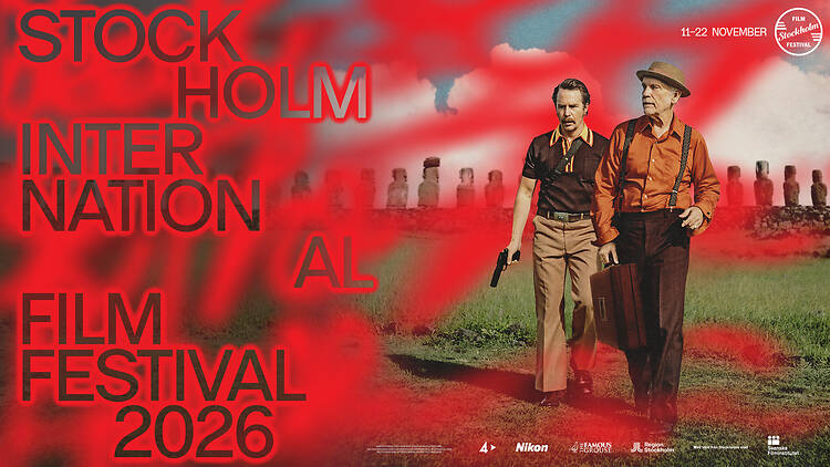 Stockholm Film Festival 2026 Poster for Stockholm International Film Festival 2026, 11–22 November. Two men from opening film Wild Horse Nine walk past Easter Island statues under a red haze.