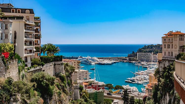 View of Monaco City with boat marina below in Monaco