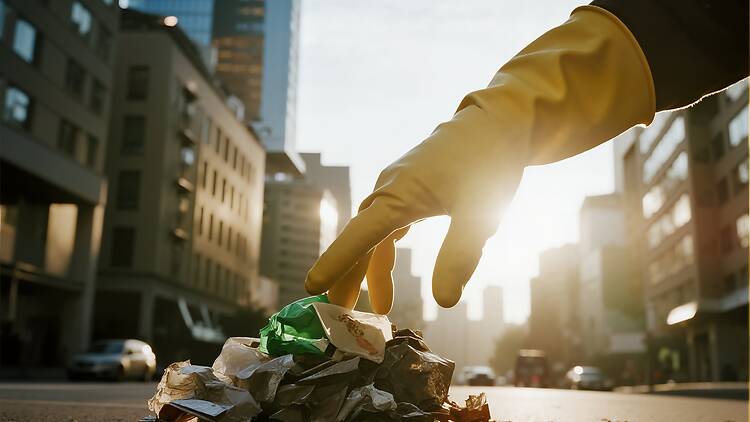 Gloved hand picking up street litter Gloved hand picking up street litter