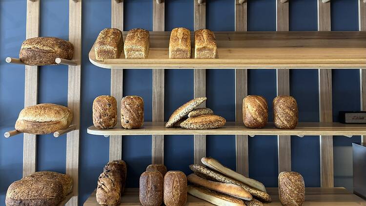 Shelves of sourdough at Backhaus on Lygon