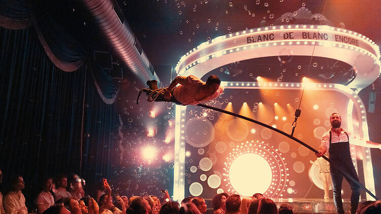 Blanc de Blanc Encore Show aerialist performs above the crowd